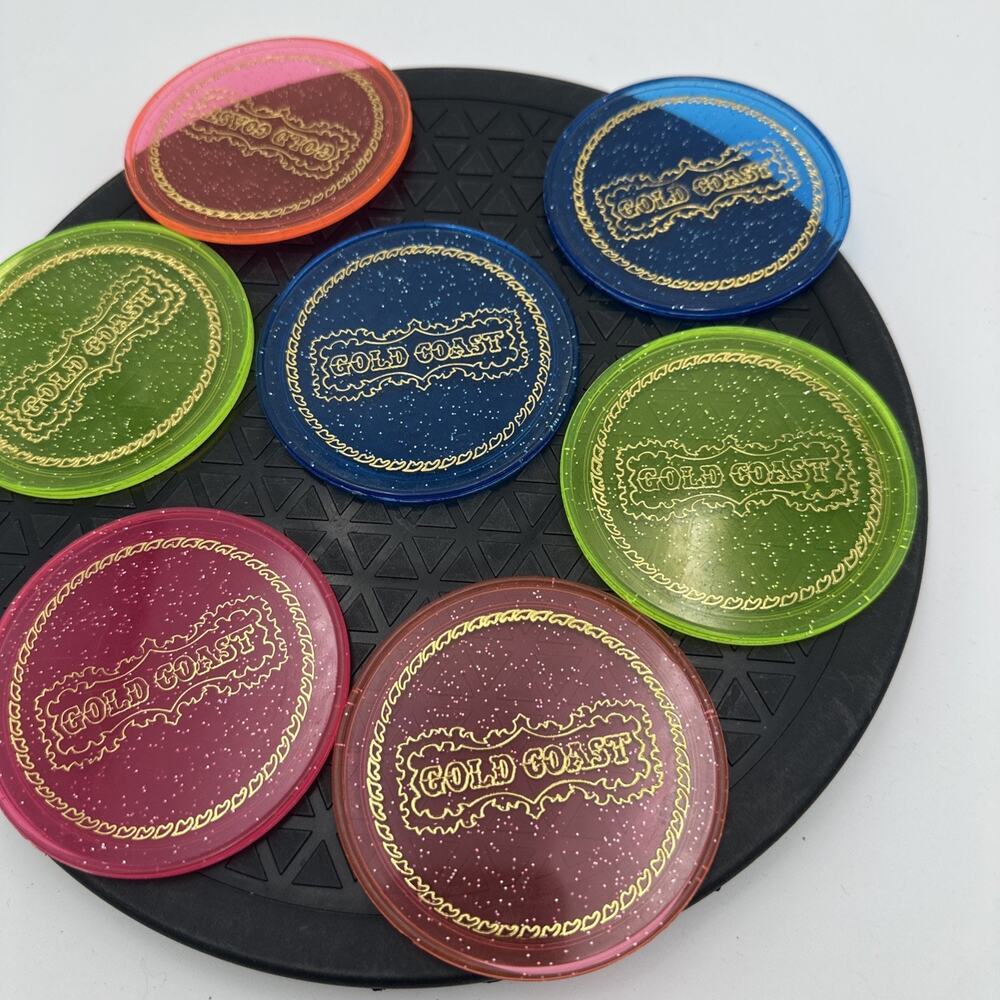7 Vintage Las Vegas Gold Coast Neon Colored Coasters Gold Speckled